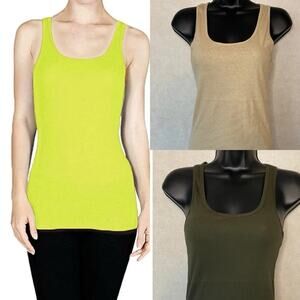 3x ACTIVE BASIC Scoop Neck Racerback Rib Tank Top Women Neon Army Green Brown M